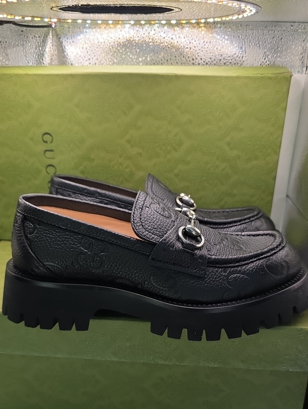 Gucci Black GG Embossed Leather Lug Sole Horsebit Loafers